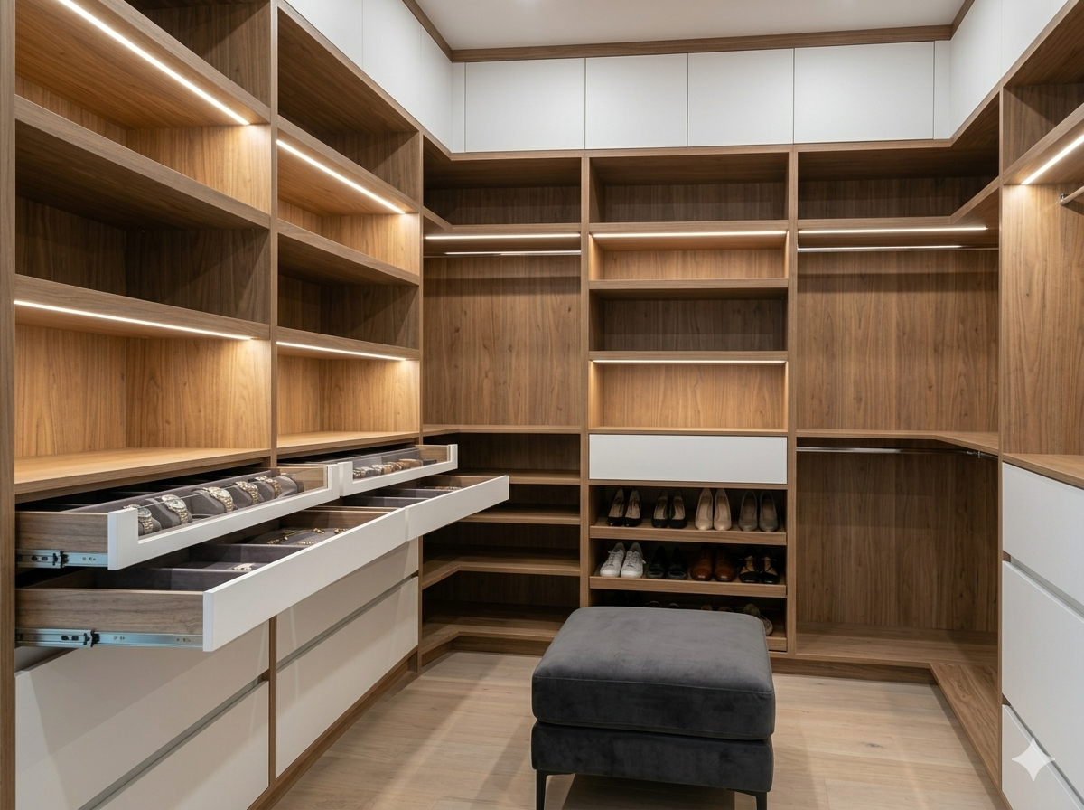 Closet planejado com iluminação embutida e gavetões organizados