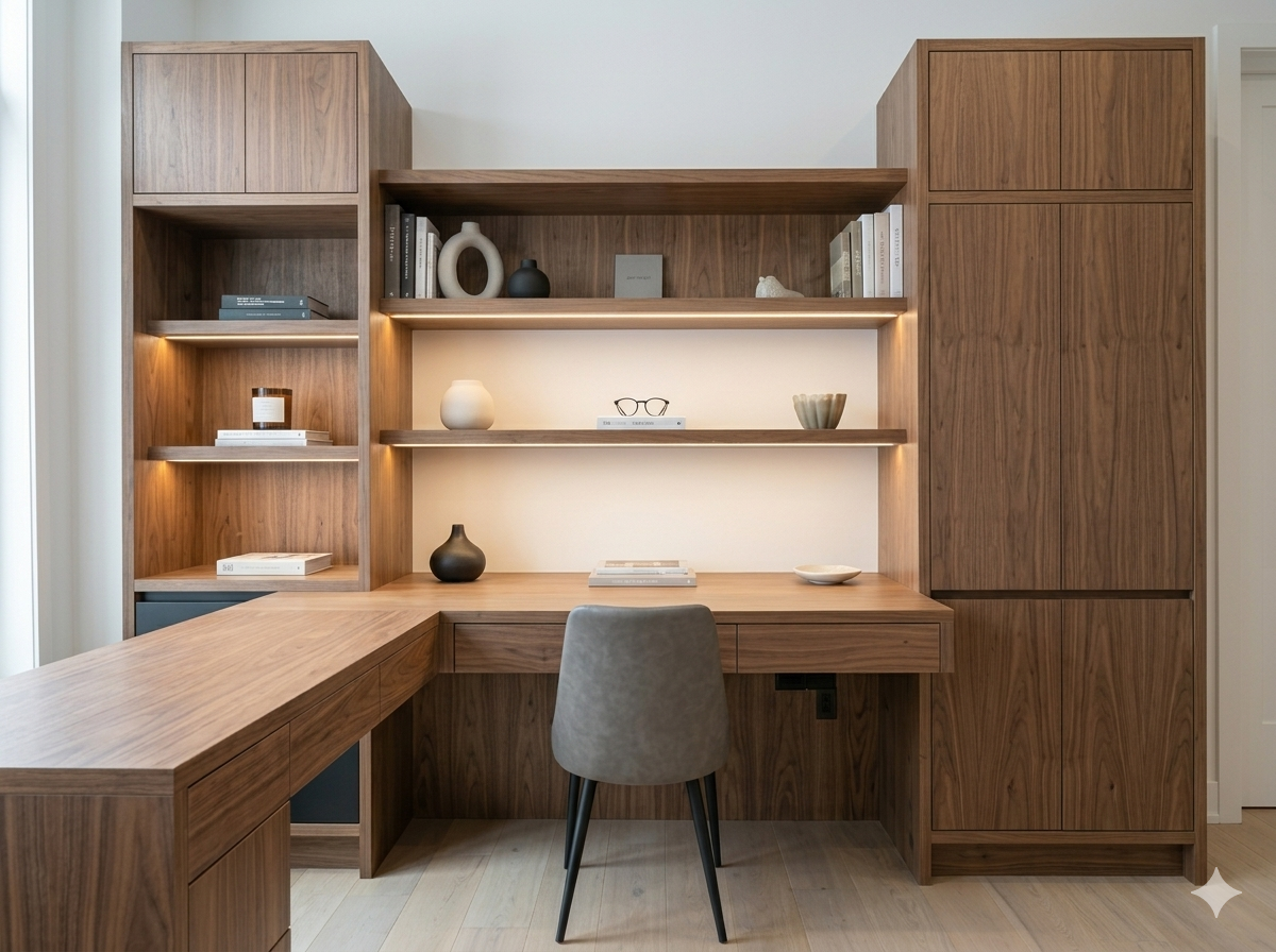 Home office planejado com bancada e estante integrada