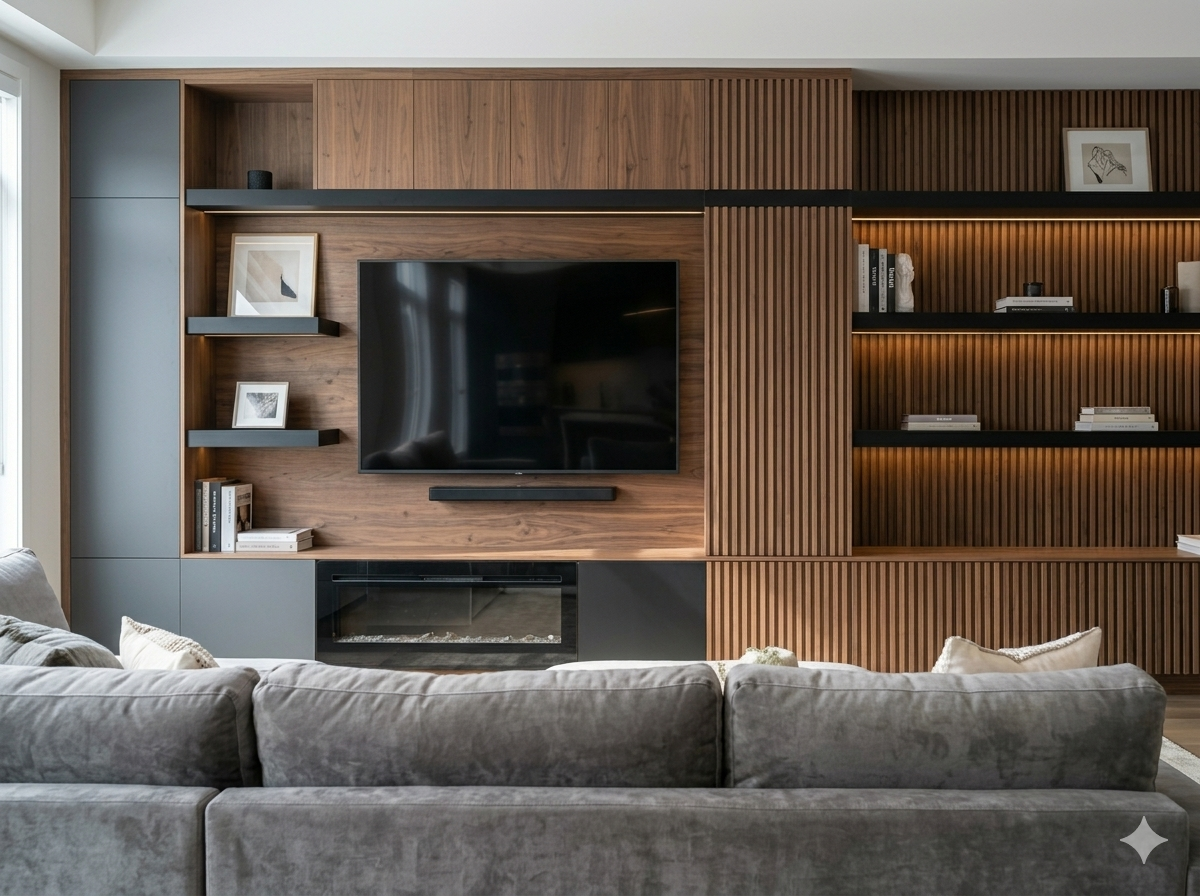 Sala planejada com painel de TV e iluminação LED