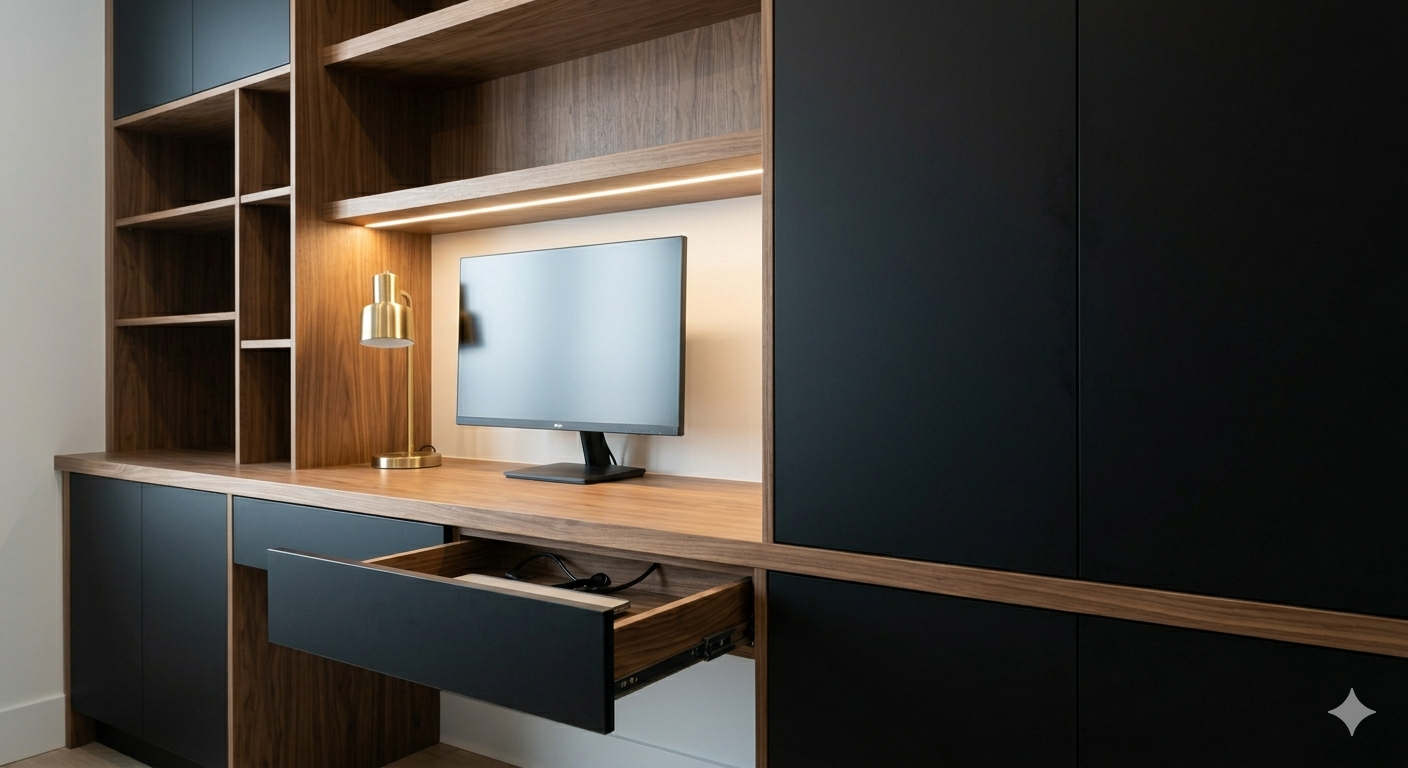 Sala planejada com painel ripado em madeira, TV e prateleiras com iluminação