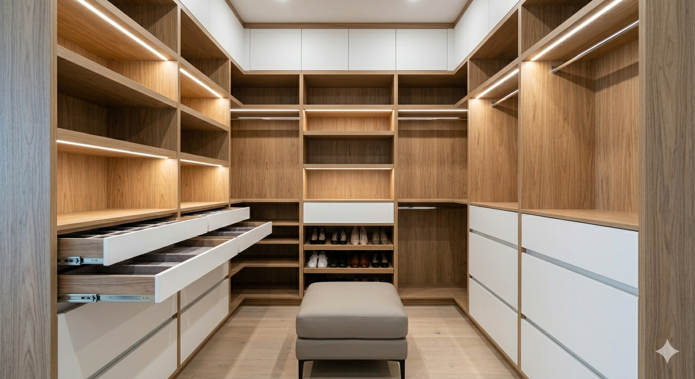 Closet planejado com iluminação e divisões organizadas